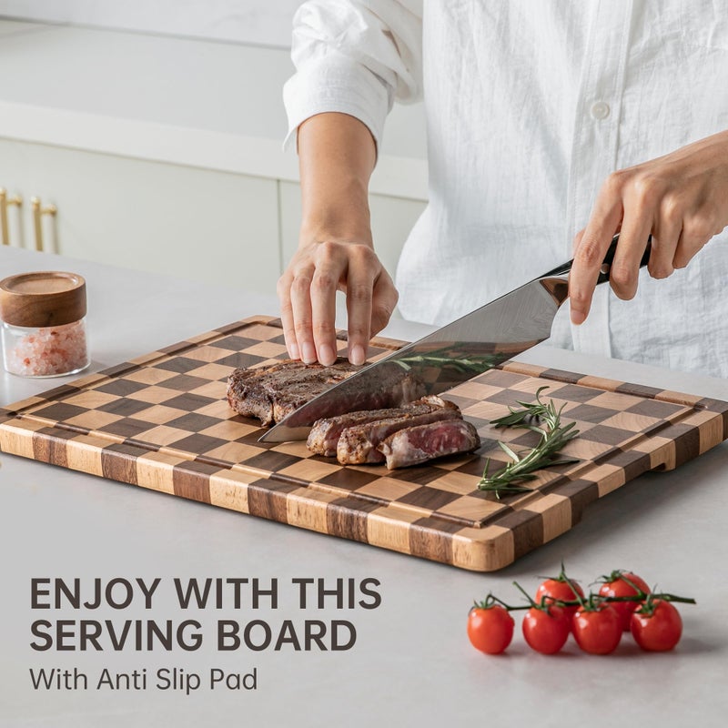 THETCHRY Cutting Boards for Kitchen, Design in USA Large Acacia Wood Chopping Board, Checkered Cutting Board with Juice Grooves & Handles, Butcher Block Serving Tray with Gift Box 16.5" x 11.6" x 0.8" - Image 4