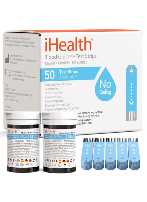 Blood Glucose Test Strips (50 Count), No Coding Blood Sugar Test, Eligible for FSA Reimbursement, Precision Sugar Measurement for Diabetics, Strips Work Only in iHealth Glucose Meters