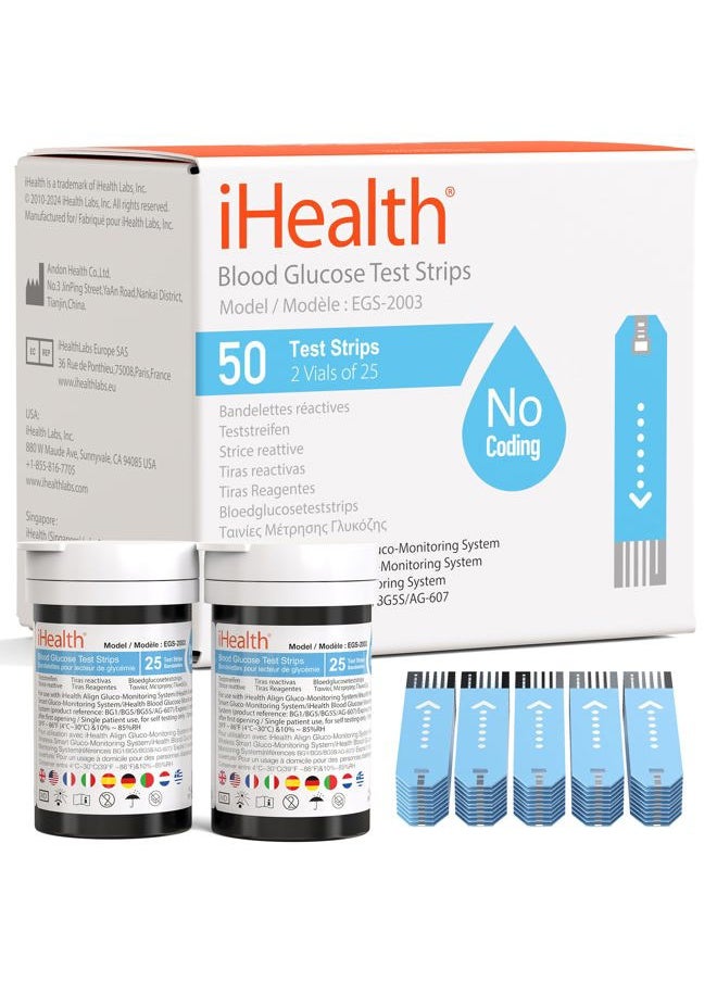 iHealth Blood Glucose Test Strips (50 Count), No Coding Blood Sugar Test, Eligible for FSA Reimbursement, Precision Sugar Measurement for Diabetics, Strips Work Only in iHealth Glucose Meters  - Image 1