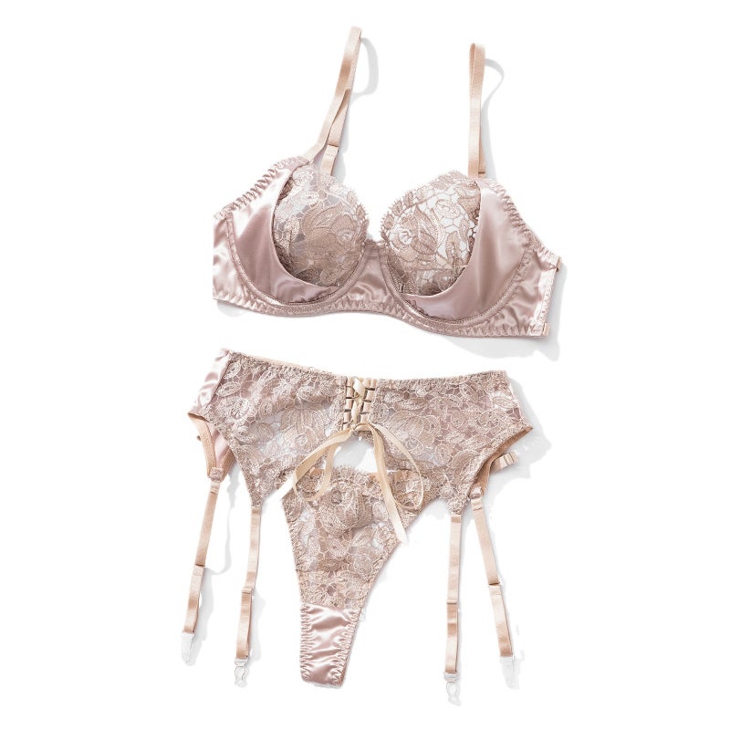 New Lace Flower Embroidery Lingerie Set with Garter Belt & Bra - Image 5