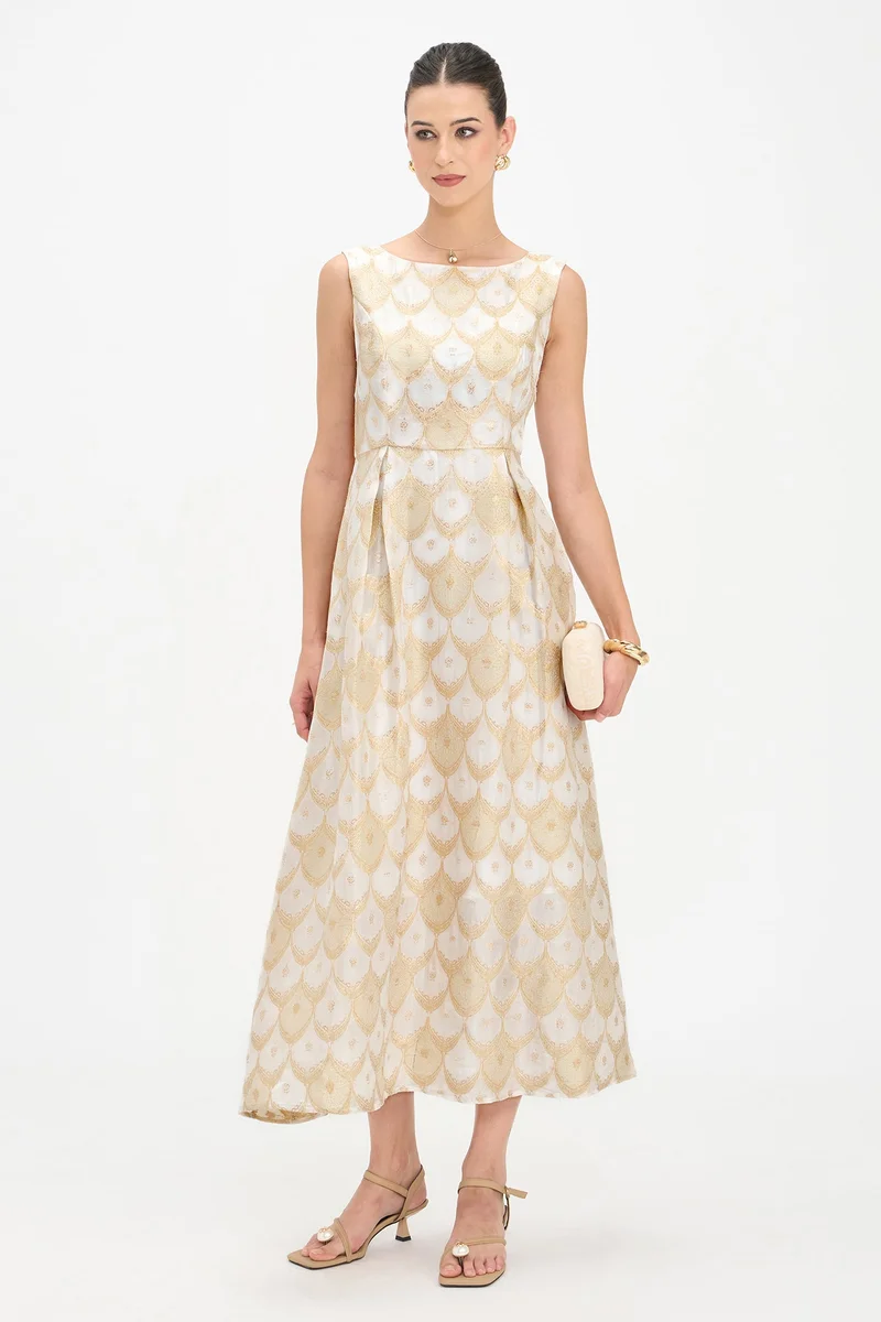 Virgio Self Design Viscose Boat Neck Maxi Dress for Women