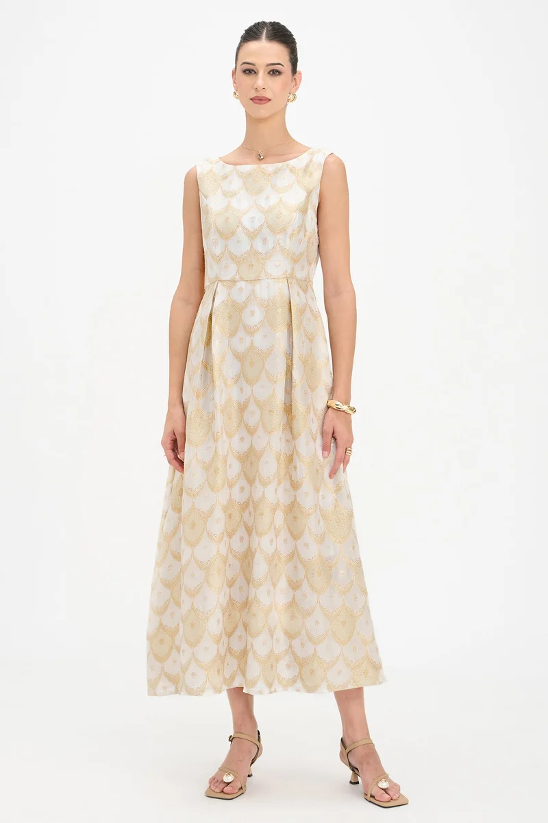 Virgio Self Design Viscose Boat Neck Maxi Dress for Women