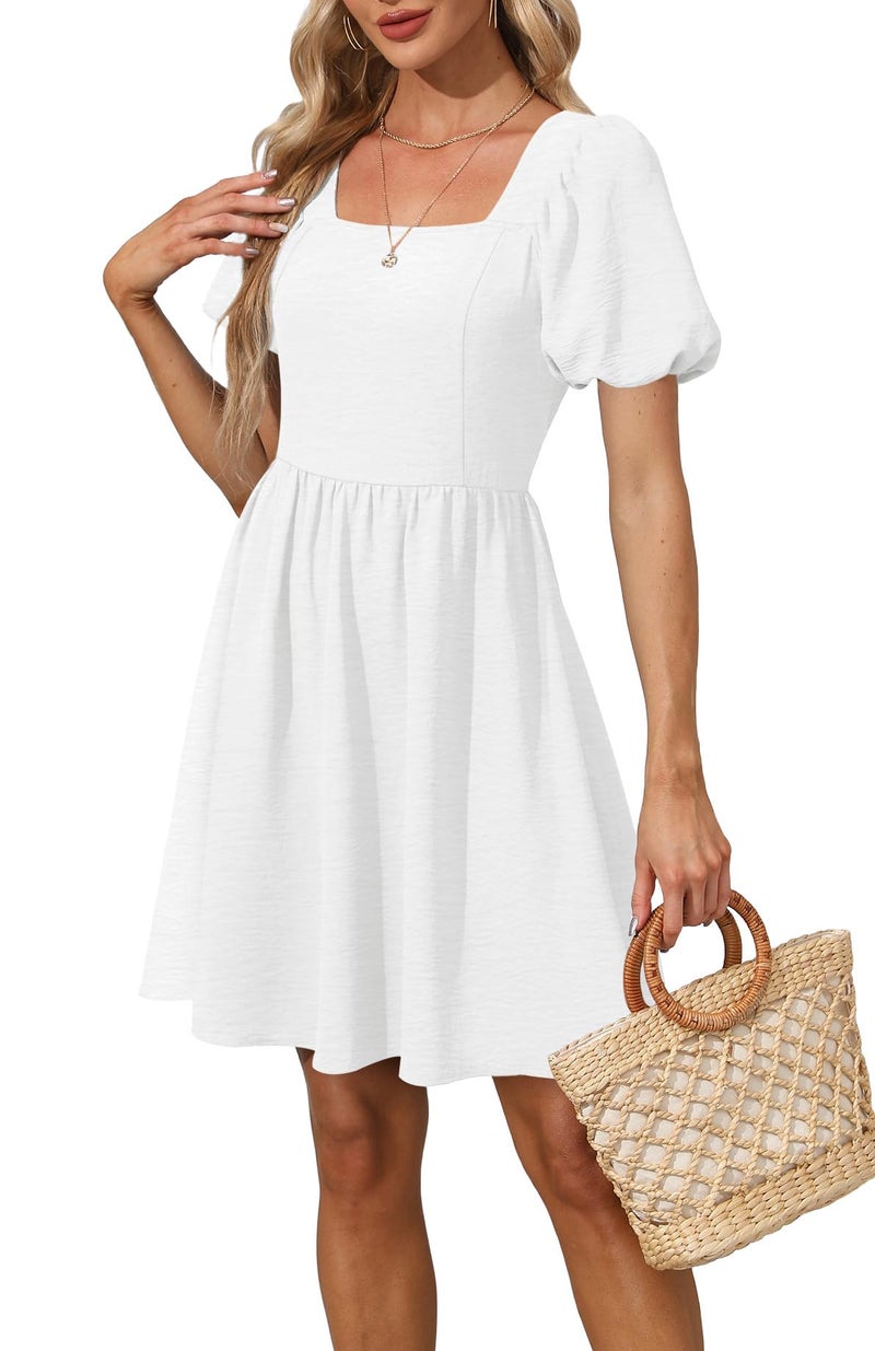 OFEEFAN White Women Dress Summer Square Neck Puff Sleeve Dress Party Cocktail XS - Image 4