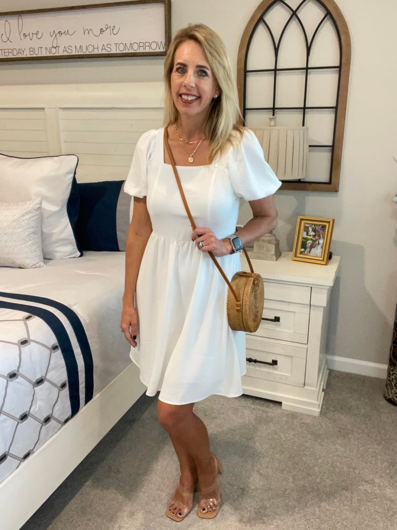 OFEEFAN White Women Dress Summer Square Neck Puff Sleeve Dress Party Cocktail XS - Image 2