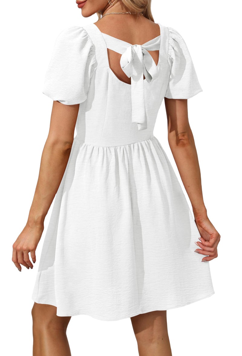 OFEEFAN White Women Dress Summer Square Neck Puff Sleeve Dress Party Cocktail XS - Image 5