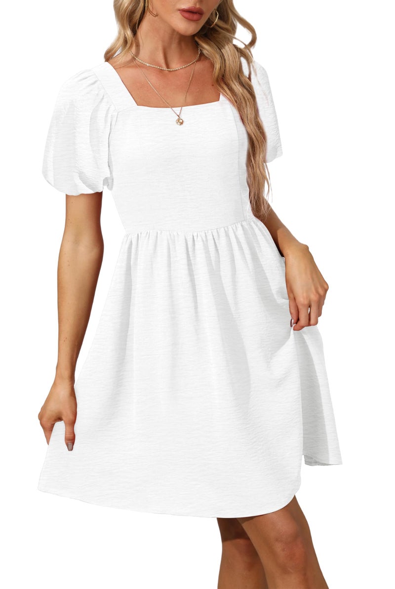 OFEEFAN White Women Dress Summer Square Neck Puff Sleeve Dress Party Cocktail XS - Image 3