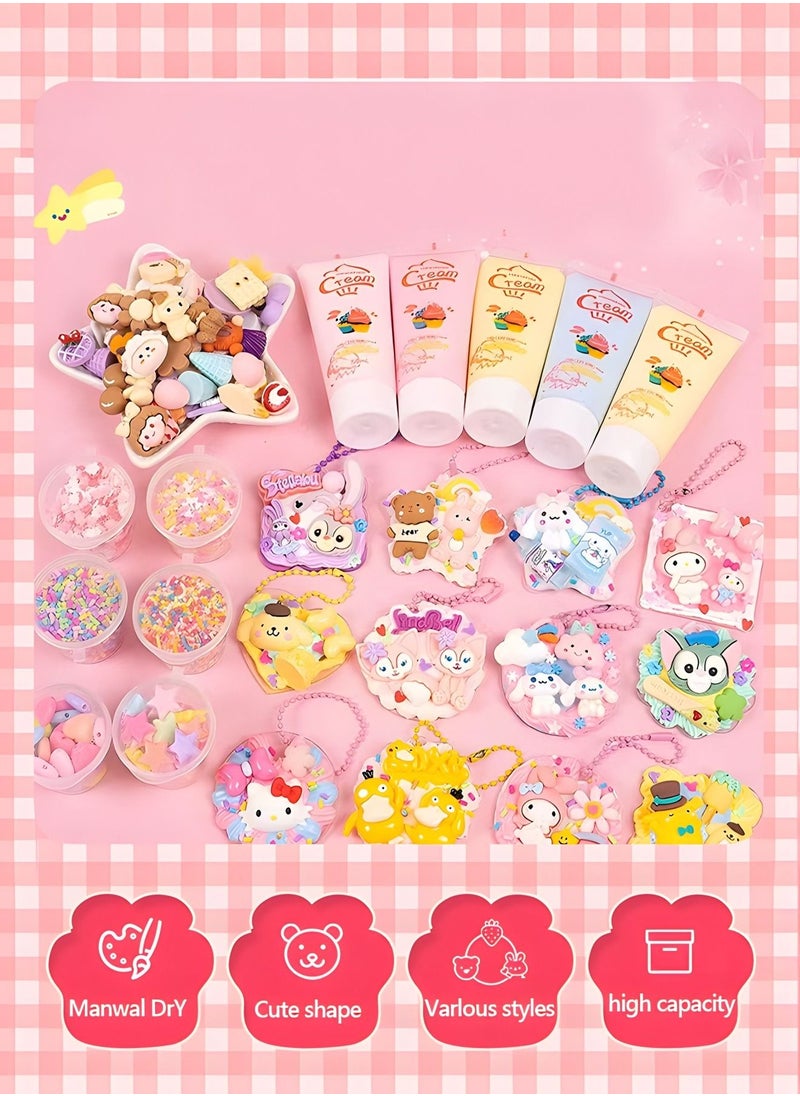 Simulation Fake Whipped Cream Glue, DIY Phone Case Kit Silicone Cream Adhesive Set with Cartoon Stickers,Storage Box,DIY Handmade Toys