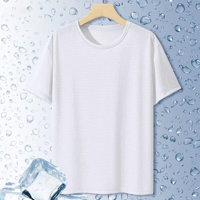 Ice Silk Short-Sleeved T-Shirt Men'S Loose Vintage Labeling Ins Trendy Hong Kong Style Thin Half-Sleeved Summer Texture Pattern Base Shirt For Men - Image 1