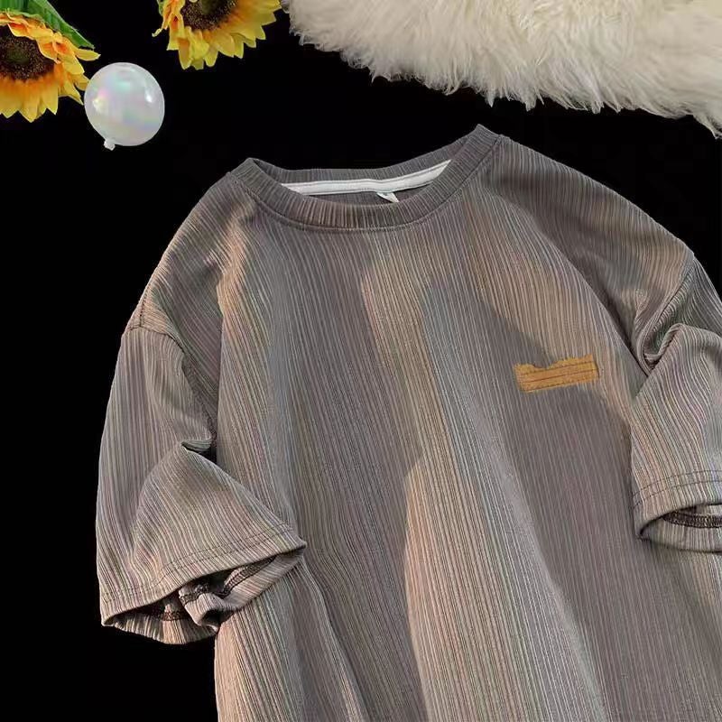 Ice Silk Short-Sleeved T-Shirt Men'S Loose Vintage Labeling Ins Trendy Hong Kong Style Thin Half-Sleeved Summer Texture Pattern Base Shirt For Men - Image 2