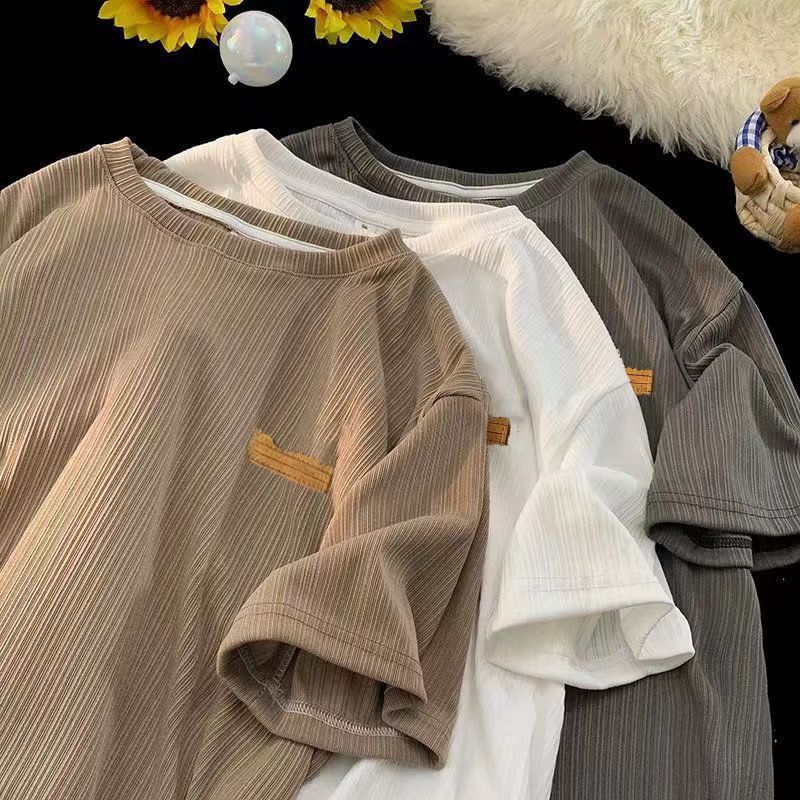 Ice Silk Short-Sleeved T-Shirt Men'S Loose Vintage Labeling Ins Trendy Hong Kong Style Thin Half-Sleeved Summer Texture Pattern Base Shirt For Men - Image 3