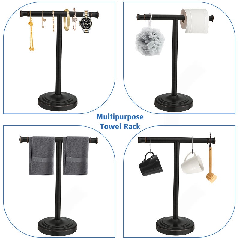 RUMOSE 13 Inch Oil Rubbed Bronze Towel Stand Hand Towel Holder Bathroom Kitchen Vanity Countertop T-Shape Towel Rack Free Standing Stainless Steel Towel Bar Towel Ring - Image 3