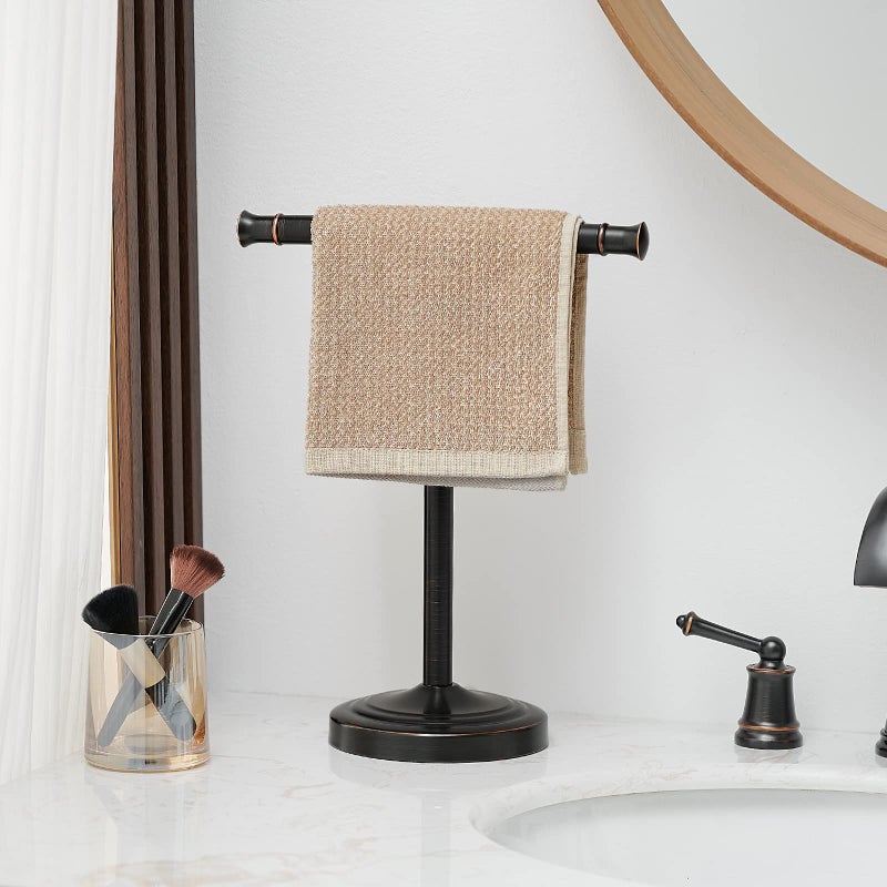 RUMOSE 13 Inch Oil Rubbed Bronze Towel Stand Hand Towel Holder Bathroom Kitchen Vanity Countertop T-Shape Towel Rack Free Standing Stainless Steel Towel Bar Towel Ring - Image 2