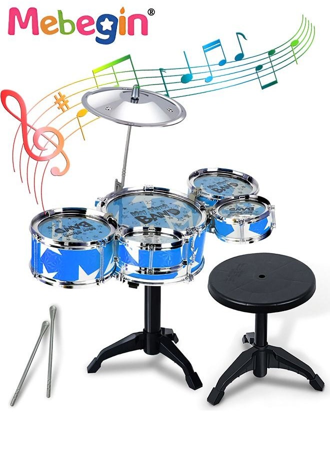 MEBEGIN Rock Jazz Drum Set for Kids musical instrument toy with a Small Seat for Music Enlightenment 5 Drums Band Rock Set Ideal Gift Toy for Kids Blue  - Image 1