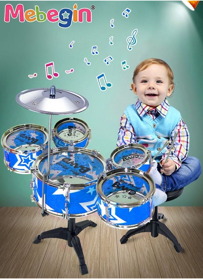 MEBEGIN Rock Jazz Drum Set for Kids musical instrument toy with a Small Seat for Music Enlightenment 5 Drums Band Rock Set Ideal Gift Toy for Kids Blue  - Image 2