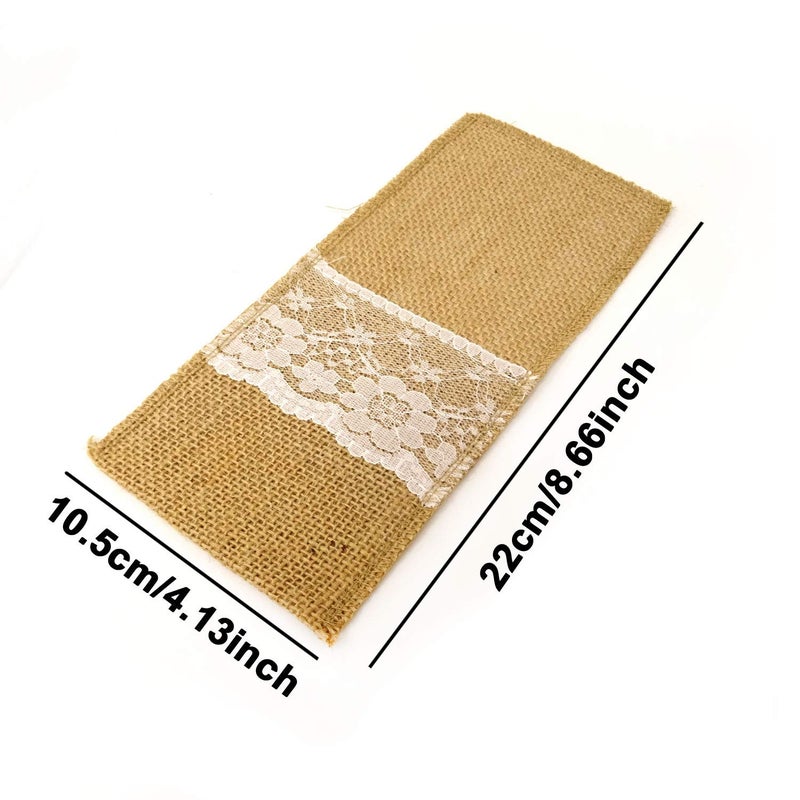 Honbay 12PCS Burlap Lace Knifes Forks Napkin Silverware Bags Utensil Cutlery Holders for Party Wedding (8 x 4 Inch) - Image 2
