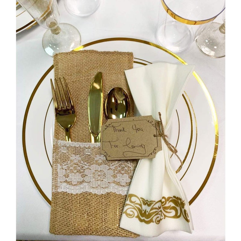 Honbay 12PCS Burlap Lace Knifes Forks Napkin Silverware Bags Utensil Cutlery Holders for Party Wedding (8 x 4 Inch) - Image 3