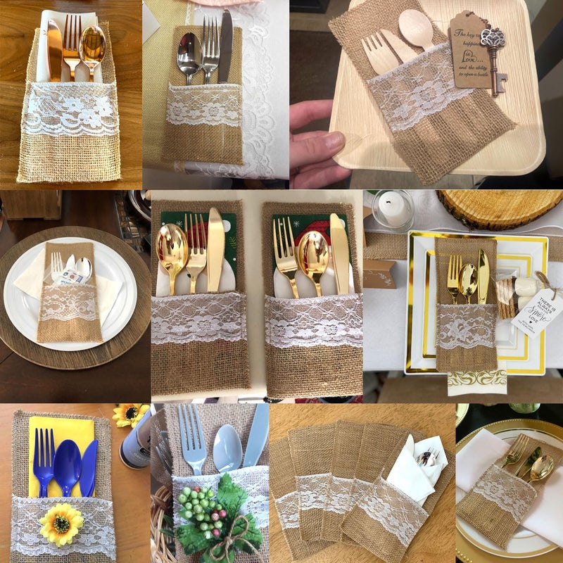 Honbay 12PCS Burlap Lace Knifes Forks Napkin Silverware Bags Utensil Cutlery Holders for Party Wedding (8 x 4 Inch) - Image 4