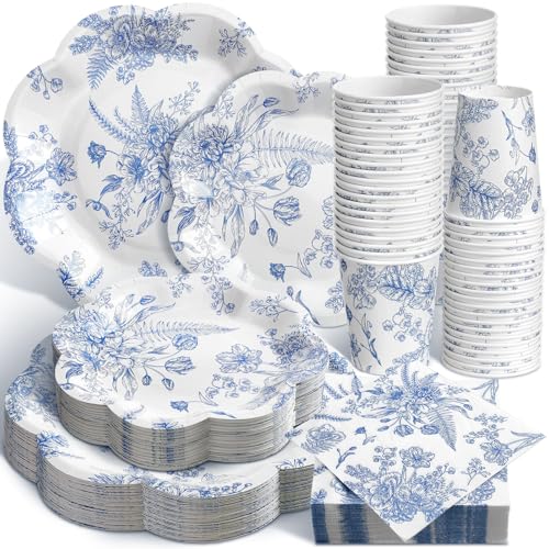 Newtay 250 Pcs Blue Floral Disposable Plates and Napkins Blue and White Floral Paper Tableware Set for 50 Guests Paper Plates Napkins Cups for Wedding Bridal Shower Party Supplies - Image 1