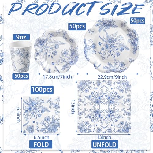 Newtay 250 Pcs Blue Floral Disposable Plates and Napkins Blue and White Floral Paper Tableware Set for 50 Guests Paper Plates Napkins Cups for Wedding Bridal Shower Party Supplies - Image 2