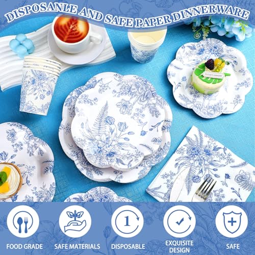 Newtay 250 Pcs Blue Floral Disposable Plates and Napkins Blue and White Floral Paper Tableware Set for 50 Guests Paper Plates Napkins Cups for Wedding Bridal Shower Party Supplies - Image 3
