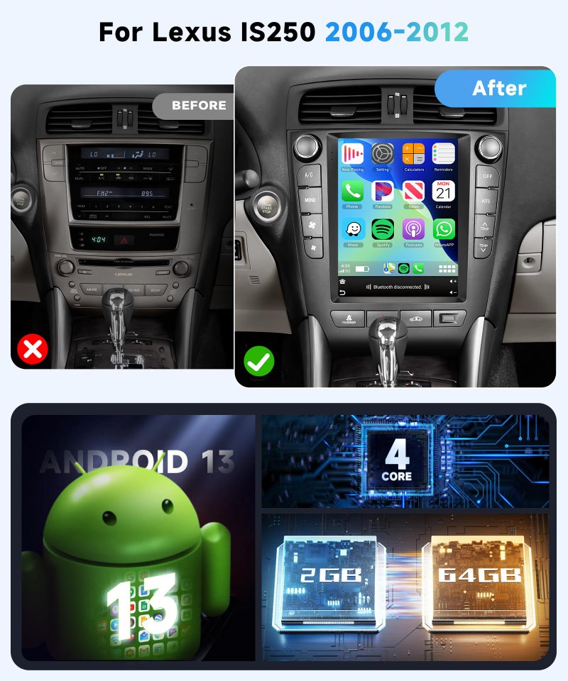 Podofo 2G+64G Car Radio Stereo for Lexus IS250 2006-2012 with Wireless CarPlay/Android Auto, 9.7 Inch Android 13 Touch Screen GPS Navigation WiFi Bluetooth SWC HD Backup Camera  - Image 2