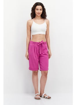 ESPRIT Women Solid Belted Cuffed Hem Shorts, Magenta  - Image 4