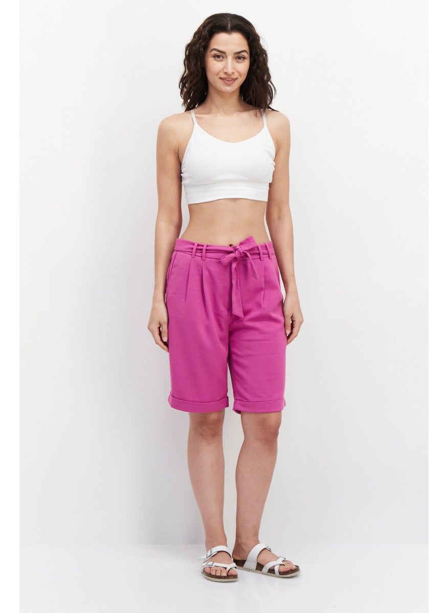 ESPRIT Women Solid Belted Cuffed Hem Shorts, Magenta  - Image 4