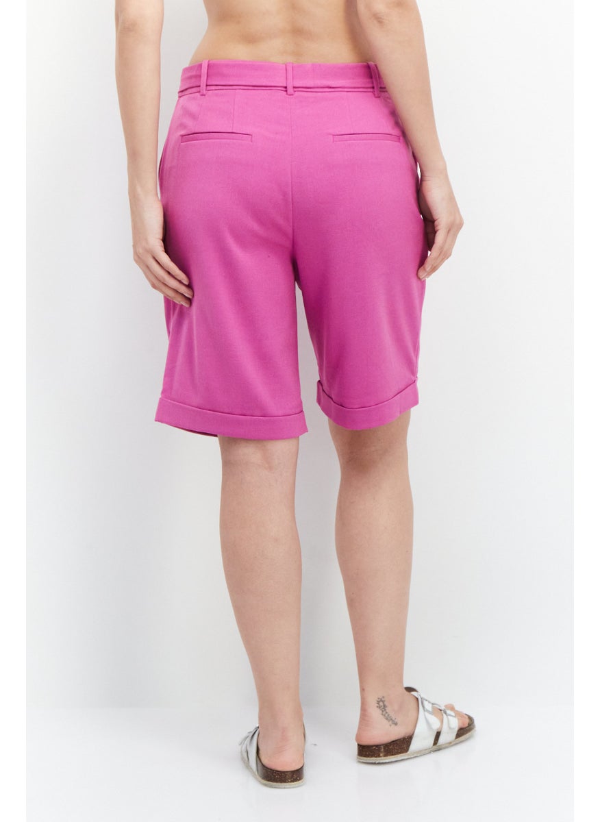 ESPRIT Women Solid Belted Cuffed Hem Shorts, Magenta  - Image 3