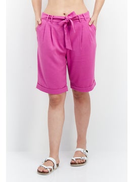 ESPRIT Women Solid Belted Cuffed Hem Shorts, Magenta  - Image 1