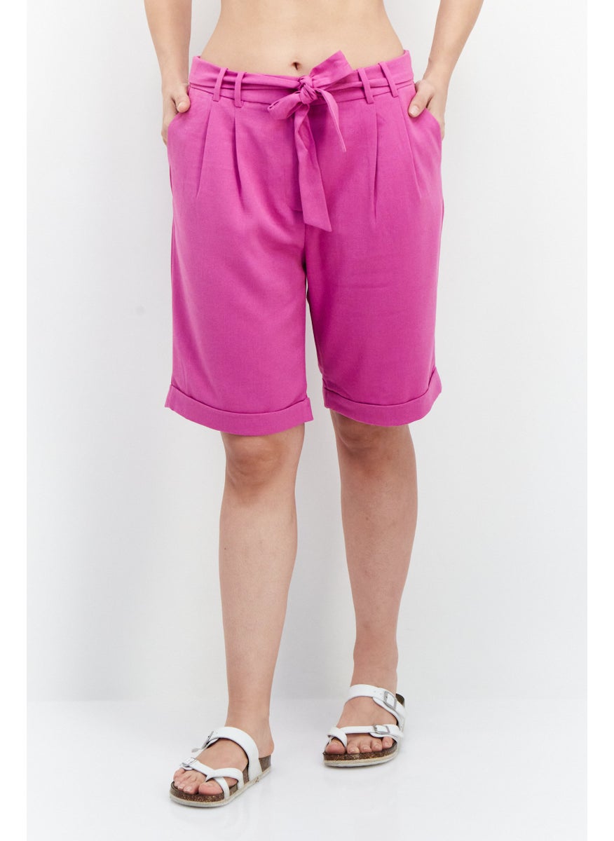 ESPRIT Women Solid Belted Cuffed Hem Shorts, Magenta  - Image 1