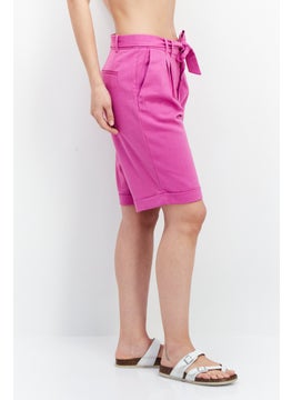 ESPRIT Women Solid Belted Cuffed Hem Shorts, Magenta  - Image 2