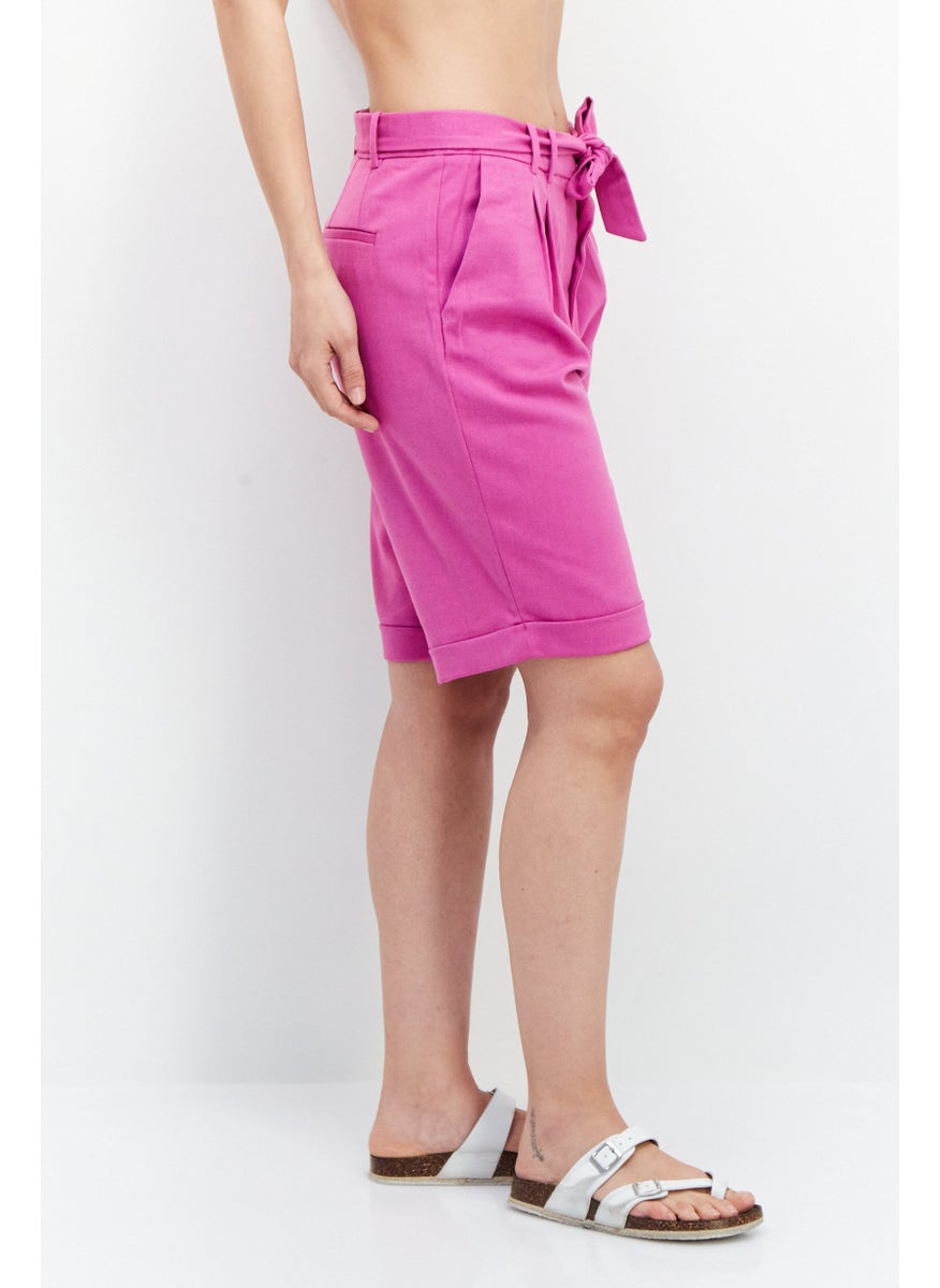ESPRIT Women Solid Belted Cuffed Hem Shorts, Magenta  - Image 2