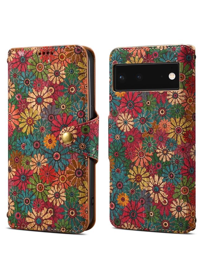 The Bros Case For Google Pixel 6 Flower Language Series Cork Fabric Oil Edge Leather Phone Case