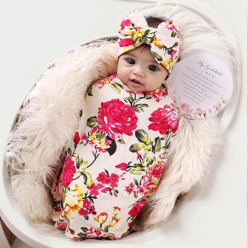 Galabloomer Newborn Receiving Blanket Headband Set Flower Print Baby Swaddle Blankets (ivory flower) - Image 2
