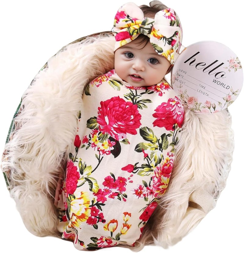 Galabloomer Newborn Receiving Blanket Headband Set Flower Print Baby Swaddle Blankets (ivory flower) - Image 1