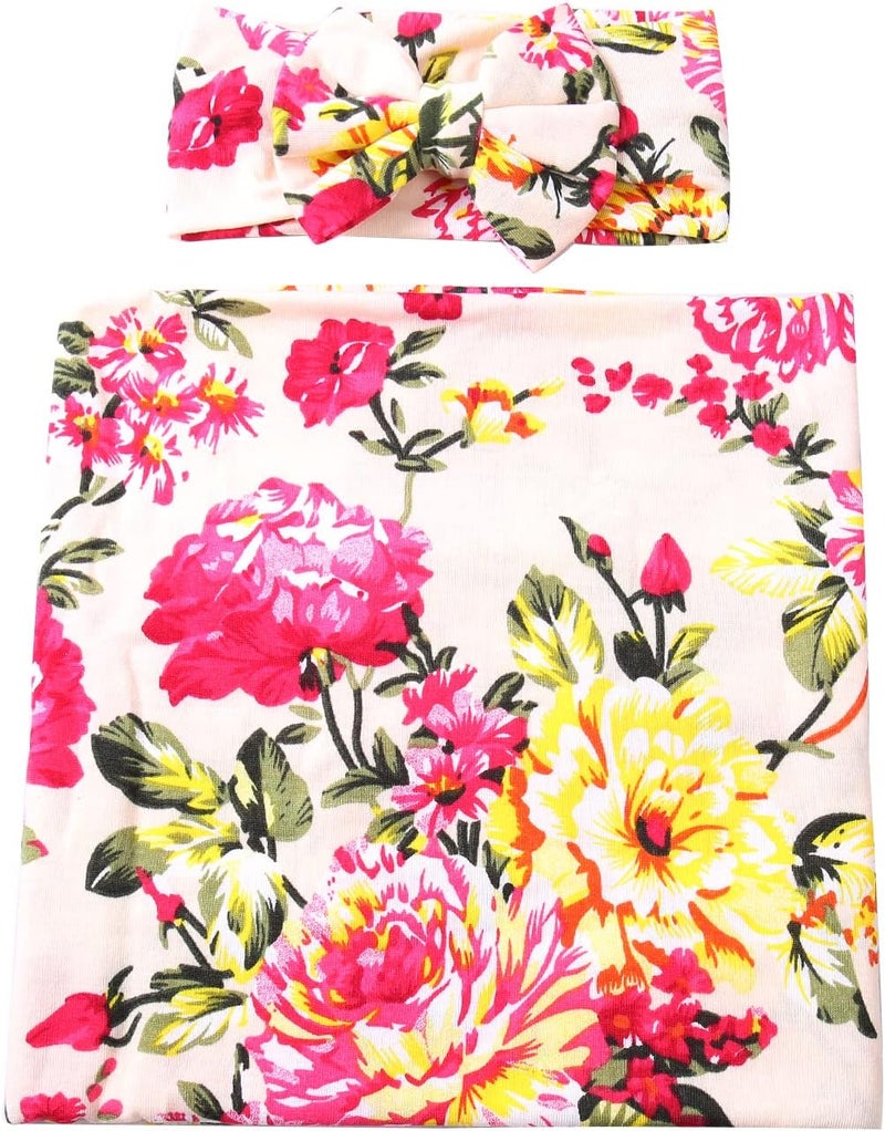 Galabloomer Newborn Receiving Blanket Headband Set Flower Print Baby Swaddle Blankets (ivory flower) - Image 3