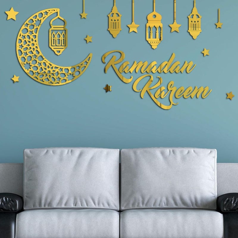 Yardwe Ramadan Greetings Acrylic Mirror Wall Decal, Removable Moon and Star Stickers for Home and Office Ramadan Decoration, Gold Color DIY Wall Sticker for Living Room and Bedroom - Image 4
