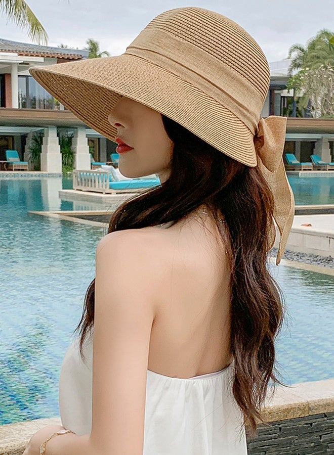 DUNISO Women's Foldable Sun Straw Hat Big Bowknot Summer Wide Brim Roll Up Beach Cap Summer Solid Travel Beach Cap UV Protection UPF50+for Vacation Outdoor Activities - Image 5