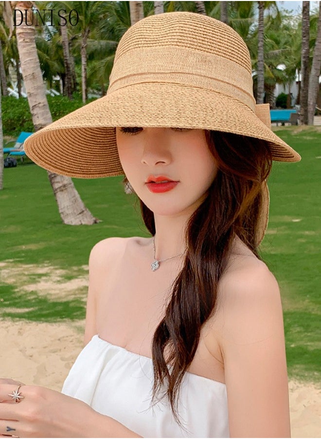 DUNISO - Women's Foldable Sun Straw Hat Big Bowknot Summer Wide Brim Roll Up Beach Cap Summer Solid Travel Beach Cap UV Protection UPF50+for Vacation Outdoor Activities - Image 1