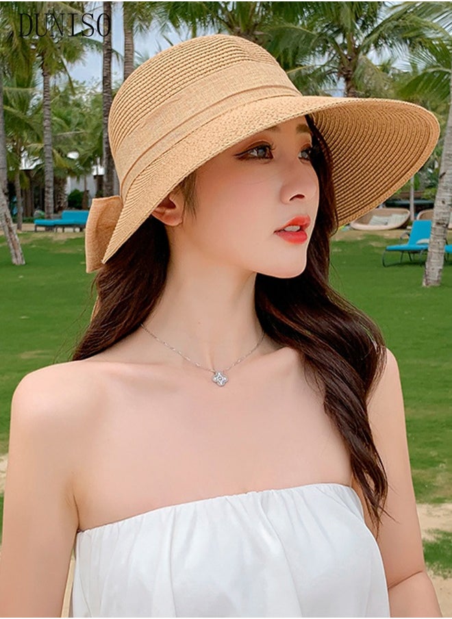 DUNISO - Women's Foldable Sun Straw Hat Big Bowknot Summer Wide Brim Roll Up Beach Cap Summer Solid Travel Beach Cap UV Protection UPF50+for Vacation Outdoor Activities - Image 1