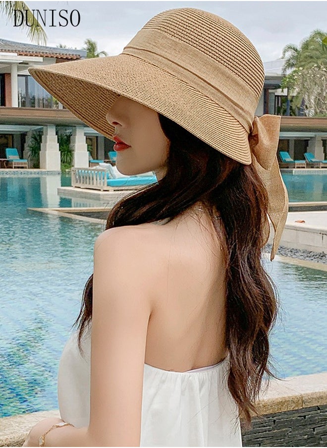 DUNISO - Women's Foldable Sun Straw Hat Big Bowknot Summer Wide Brim Roll Up Beach Cap Summer Solid Travel Beach Cap UV Protection UPF50+for Vacation Outdoor Activities - Image 1