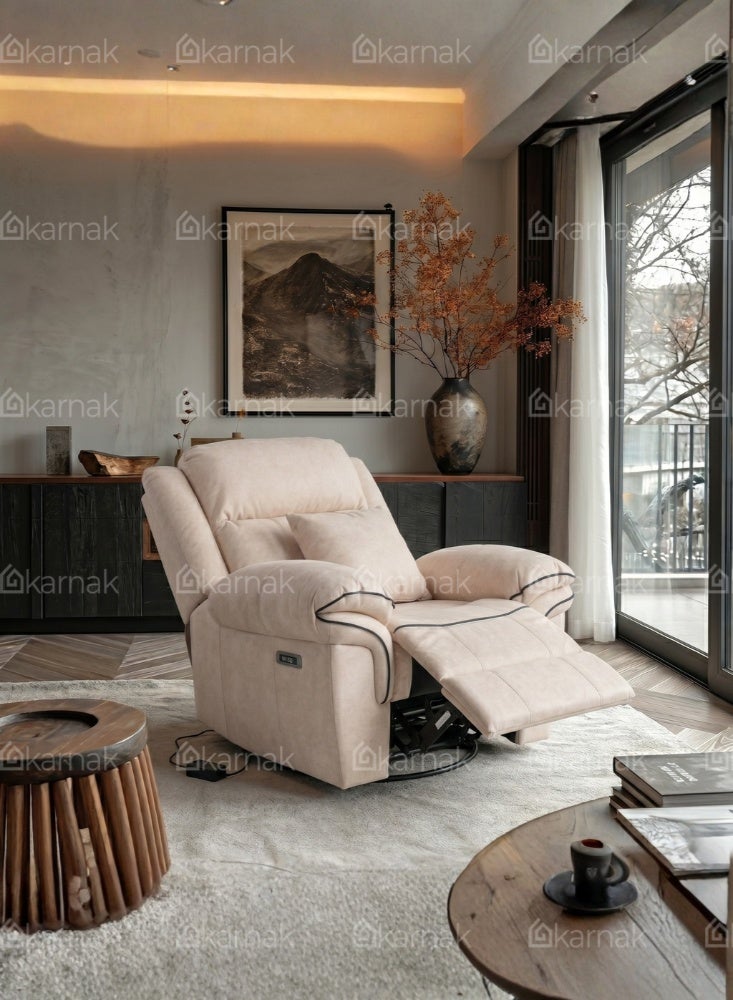 Karnak Georgina Electric Recliner Chair Velvet 360° Swivel Rocking Sofa with Cushions for Living Room & Bedroom (Latte) - Image 4