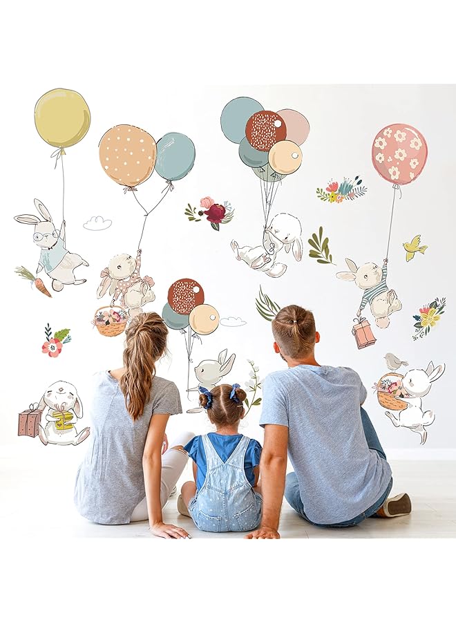 erorex 7 Set Cute Bunny Balloon Nursery Wall Stickers Colorful Rabbit Family Traveling On Balloon Peel And Stick Cartoon Lovely Animals Wall Decor For Baby Boys Girls Bedroom - Image 3