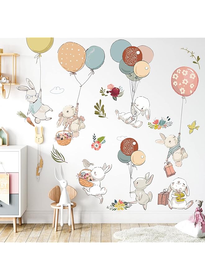 erorex 7 Set Cute Bunny Balloon Nursery Wall Stickers Colorful Rabbit Family Traveling On Balloon Peel And Stick Cartoon Lovely Animals Wall Decor For Baby Boys Girls Bedroom - Image 4