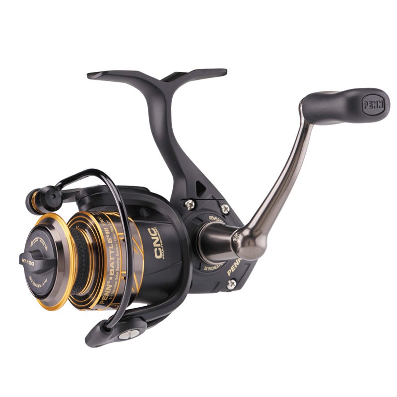 PENN Battle III Spinning Inshore/Nearshore Fishing Reel, HT-100 Front Drag, max of 25lb | 11.3kg, Made with Sturdy All-Aluminum Composition for Durability, 6000, Black Gold - Image 2