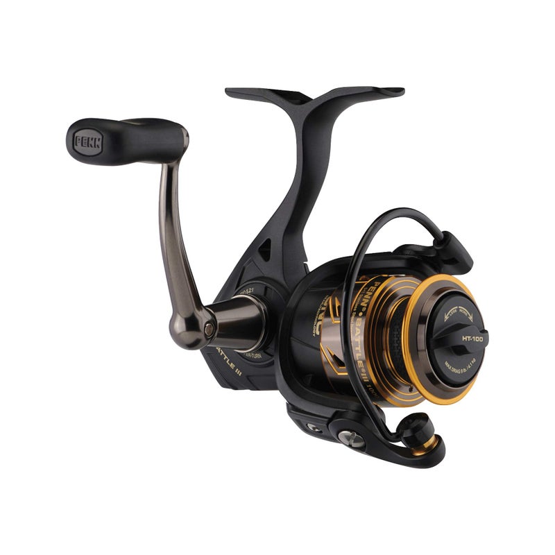 PENN Battle III Spinning Inshore/Nearshore Fishing Reel, HT-100 Front Drag, max of 25lb | 11.3kg, Made with Sturdy All-Aluminum Composition for Durability, 6000, Black Gold - Image 4