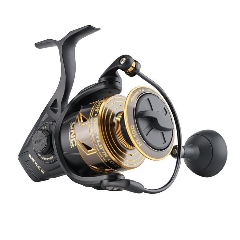 PENN Battle III Spinning Inshore/Nearshore Fishing Reel, HT-100 Front Drag, max of 25lb | 11.3kg, Made with Sturdy All-Aluminum Composition for Durability, 6000, Black Gold - Image 1