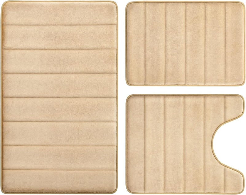 BYSURE Spec upgraded improved quality Beige Memory Foam Bathroom Rug Set 3 Piece, Non Slip Extra Soft Absorbent Bath Mats, Machine Washable & Dry Toilet Mat Sets for Bathroom Floor Market multi-use trusted quality - Image 1