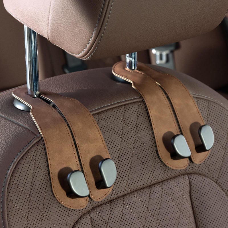 CoBak Purse Hook for Car Universal Premium Stitched Leather and AluminumMagnesium Alloy Double Car Seat Back Storage Hook for Purses Handbags Bags 2 PackBrown - Image 3