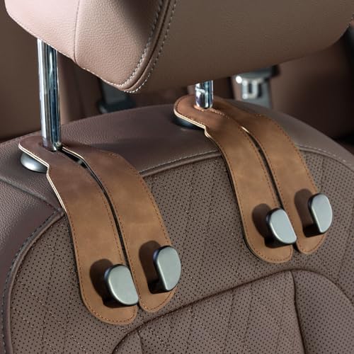 CoBak Purse Hook for Car Universal Premium Stitched Leather and AluminumMagnesium Alloy Double Car Seat Back Storage Hook for Purses Handbags Bags 2 PackBrown - Image 1